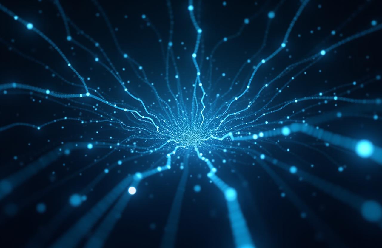 Complex glowing data nodes and neural pathways in a dark atmospheric digital space