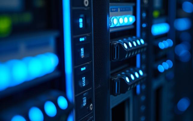 Close up of a server rack with soft blue pulsing lights and tidy cables